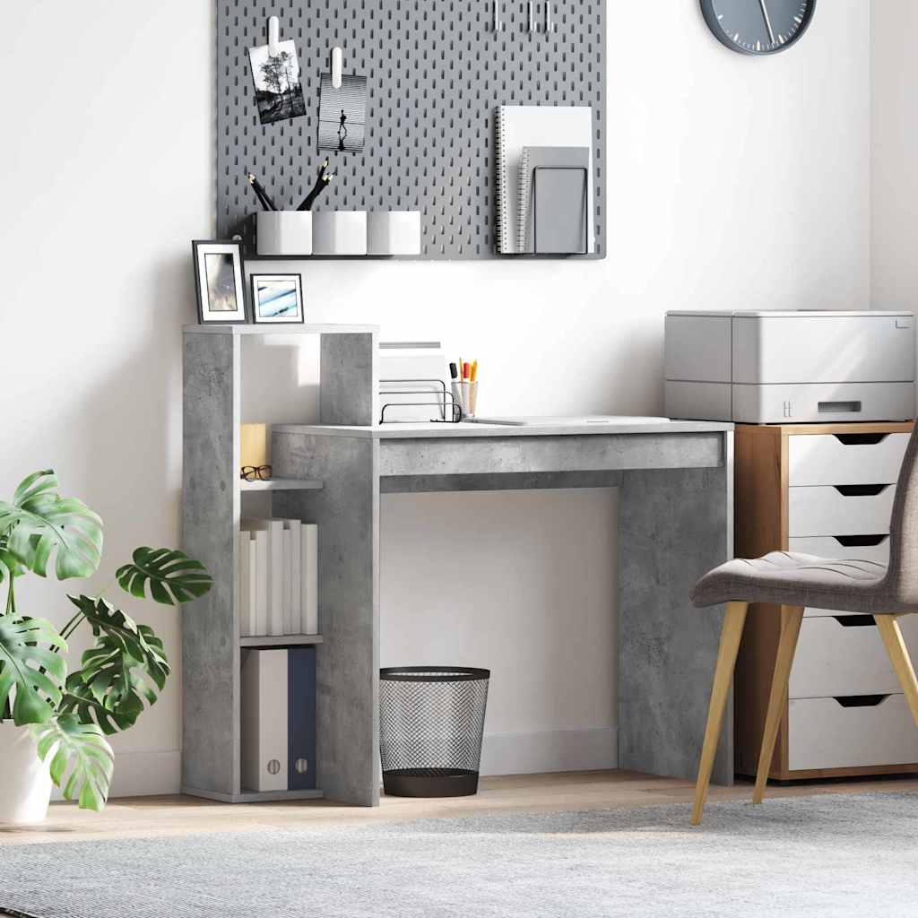 Skrivebord med hylder - beton grå, 100 × 40 × 90 cm, konstrueret træ