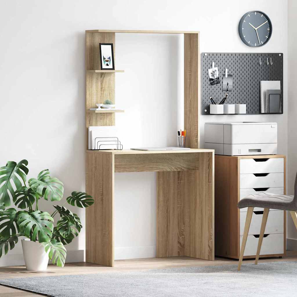 Skrivebord med hylder - Sonoma eg, 78,5 × 37 × 154,5 cm, konstrueret træ