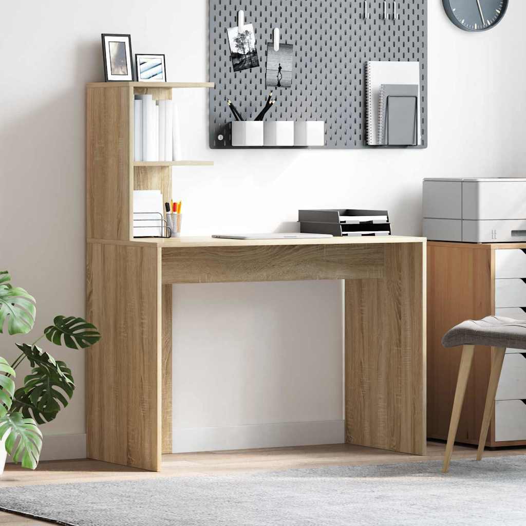 Skrivebord med hylder - Sonoma-eg, 102 × 50 × 124 cm, konstrueret træ