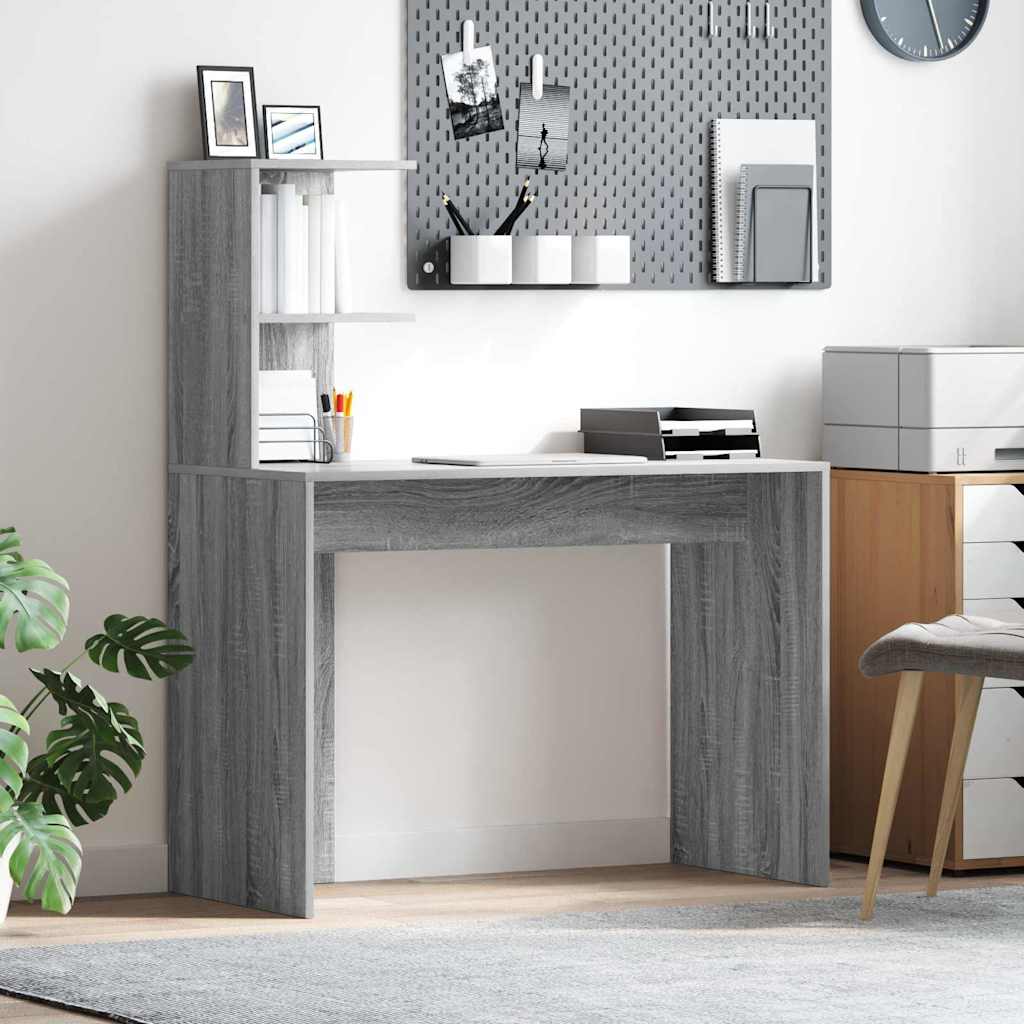 Skrivebord med hylde - grå sonoma, 102 × 50 × 124 cm, konstrueret træ