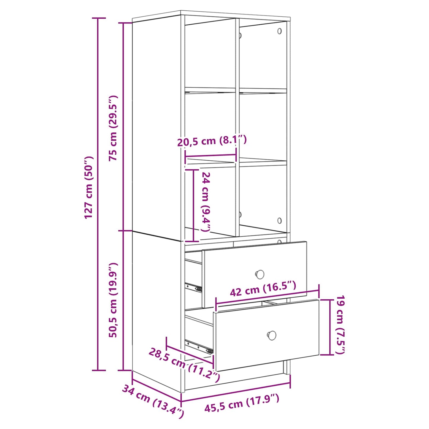 Highboard med skuffe Røget eg 45,5 x 34 x 127 cm