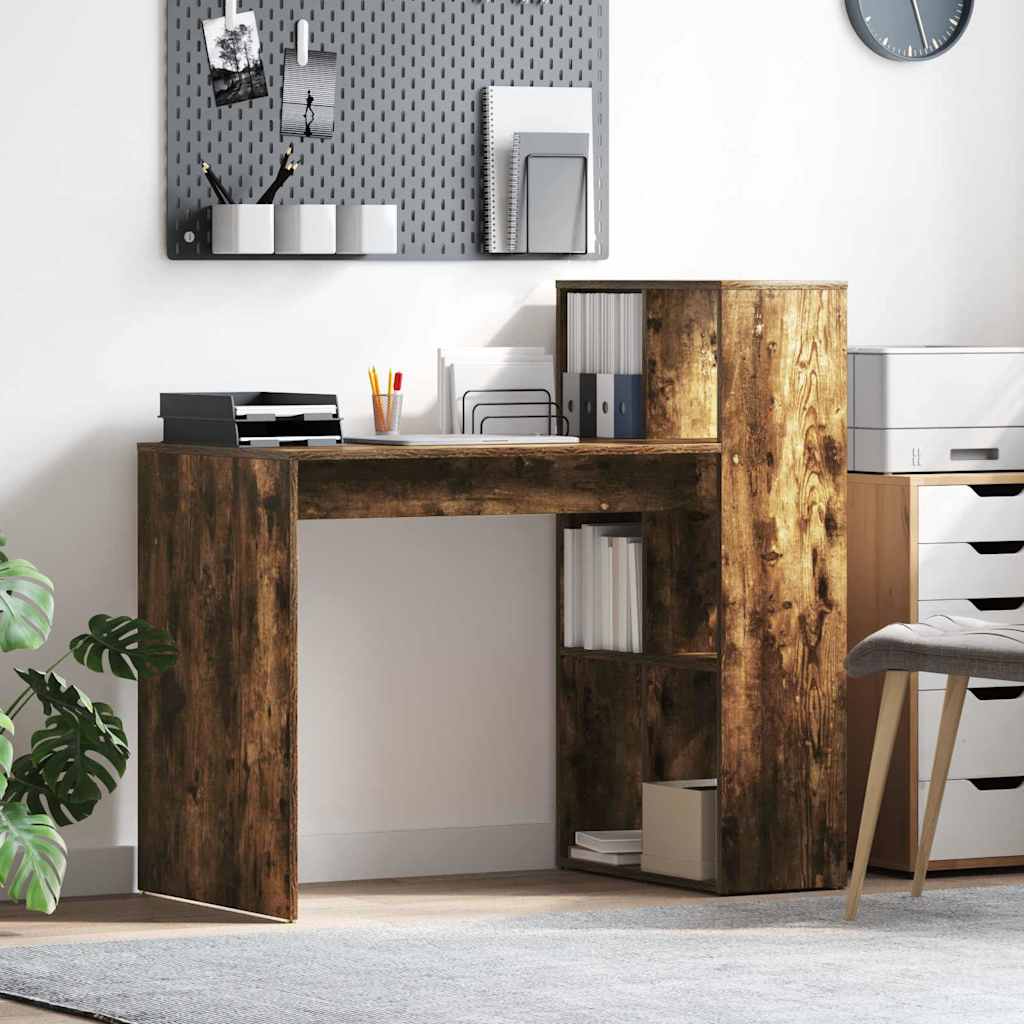 Skrivebord med hylder - røget eg, 108 × 55 × 103,5 cm, konstrueret træ