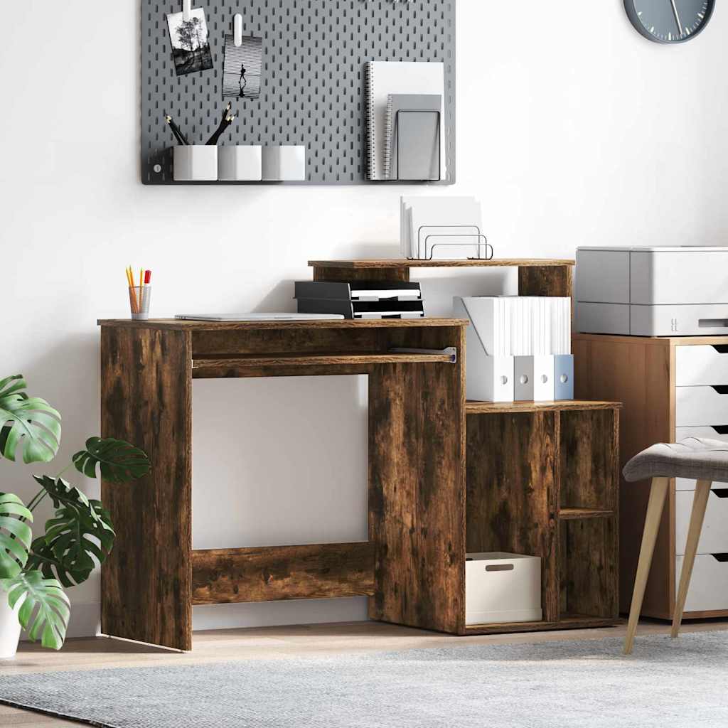 Skrivebord med skuffe og hylder - røget eg, 120,5 × 44 × 88,5 cm