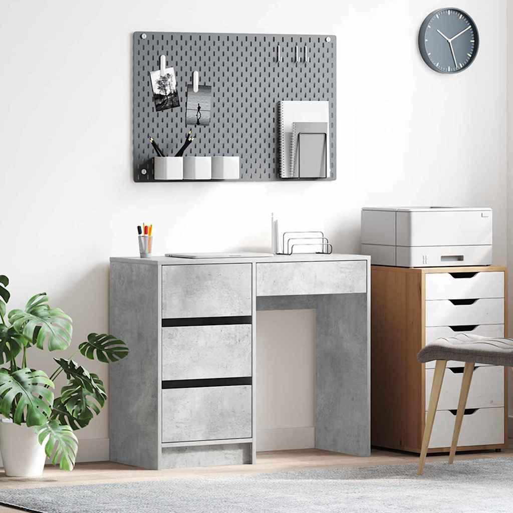 Skrivebord med skuffer - betongrå, 90 × 37,5 × 75 cm, konstrueret træ