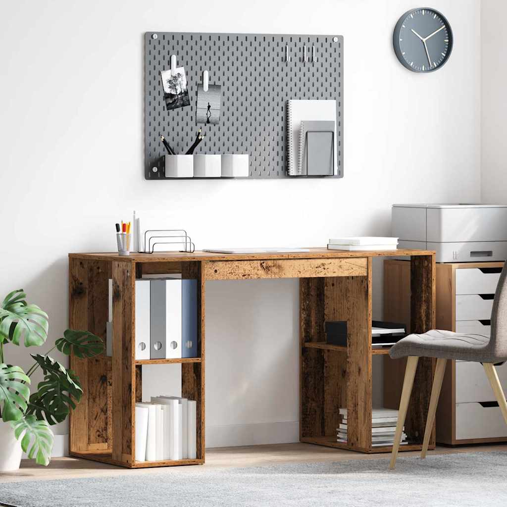 Skrivebord med hylder - gammelt træ look, 130 × 50,5 × 75 cm, konstrueret træ