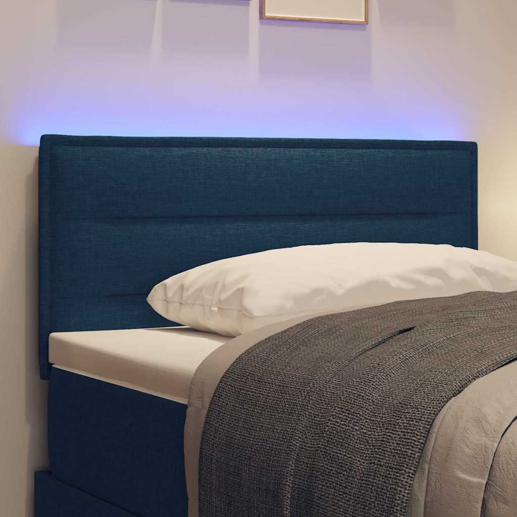 LED sengegavl med LED-lysstrimler med hovedgærde Blå 90 cm Stof
