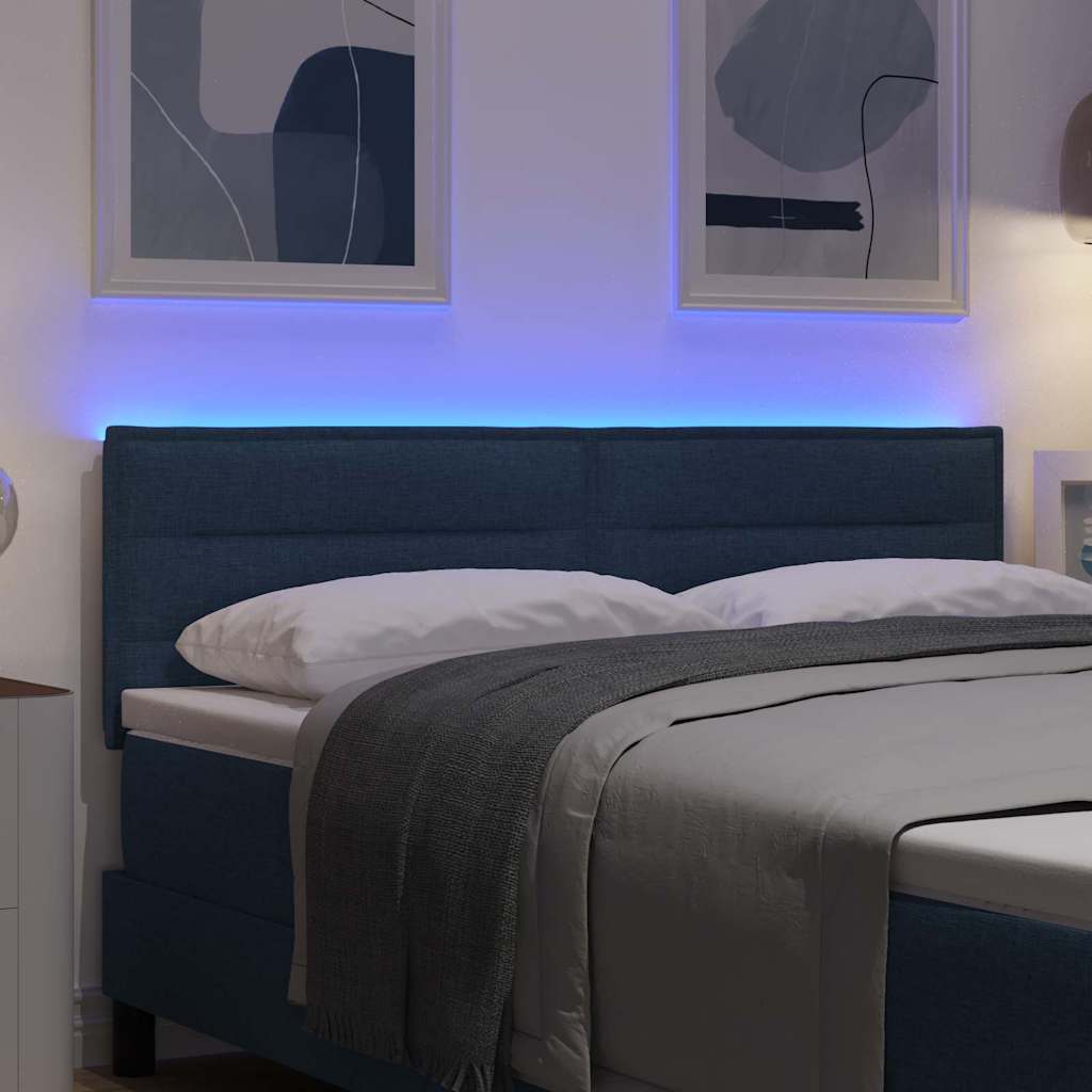 LED sengegavl med LED-lysstrimler Blå 144 cm Stof