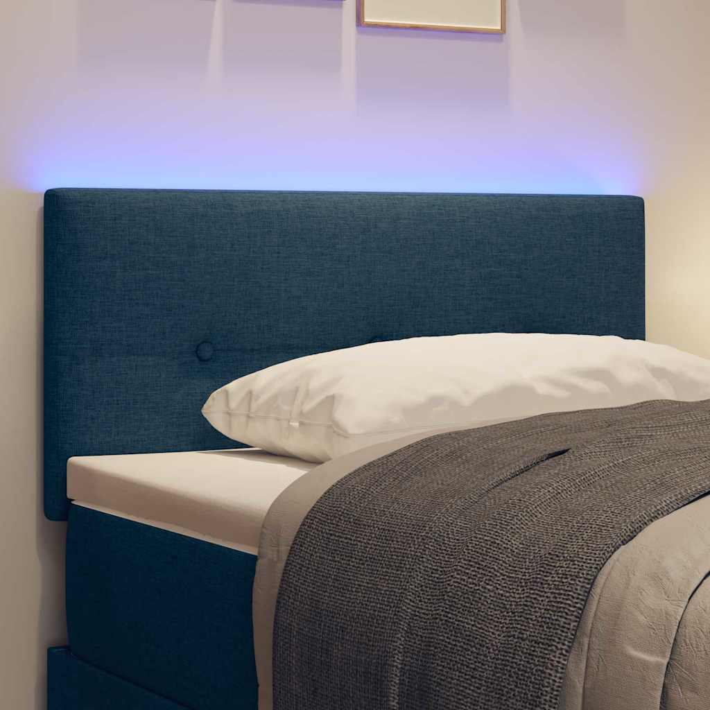 LED sengegavl med LED-lysstrimler med hovedgærde Blå 80 cm Stof