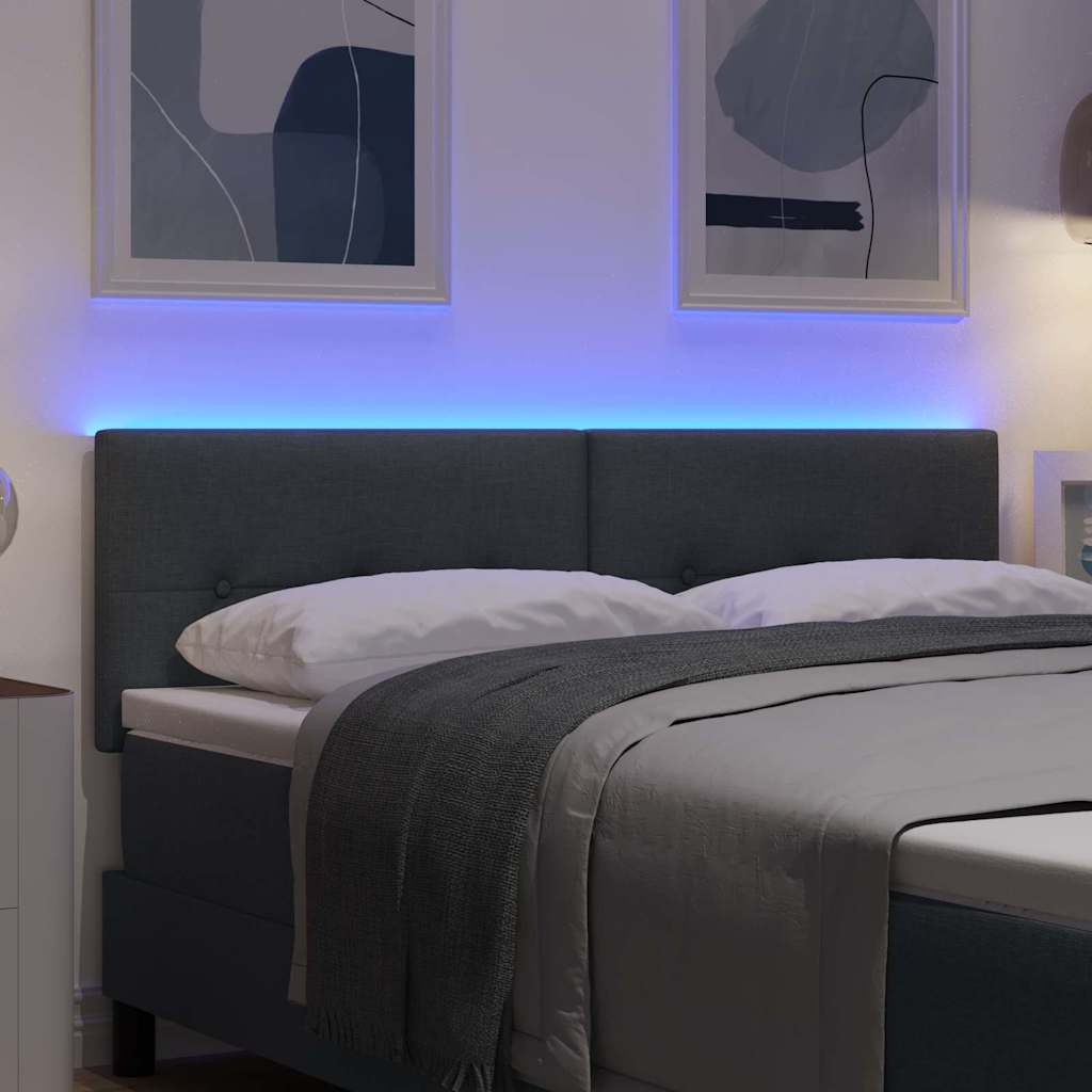 LED sengegavl med LED-lysstrimler Mørkegrå 144 cm Stof