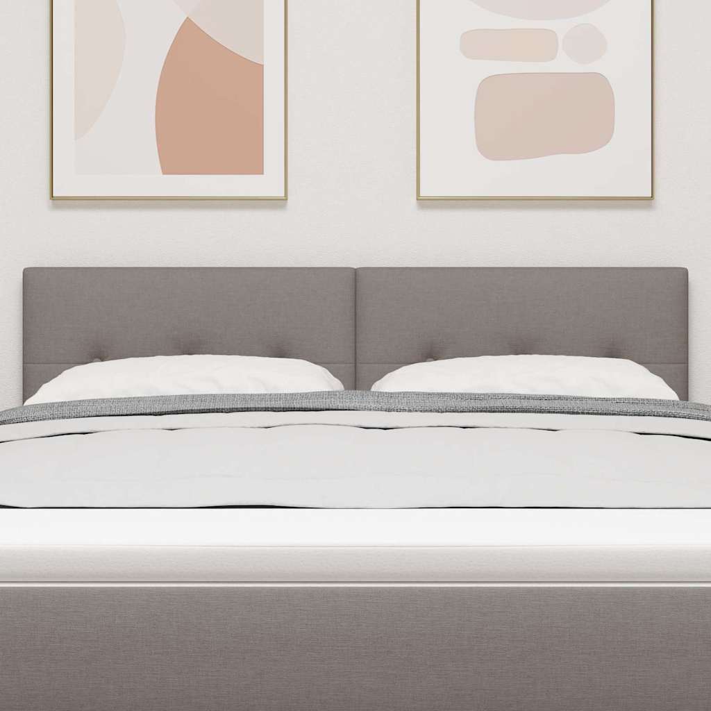 LED sengegavl med LED-lysstrimler Gråbrun 144 cm Stof