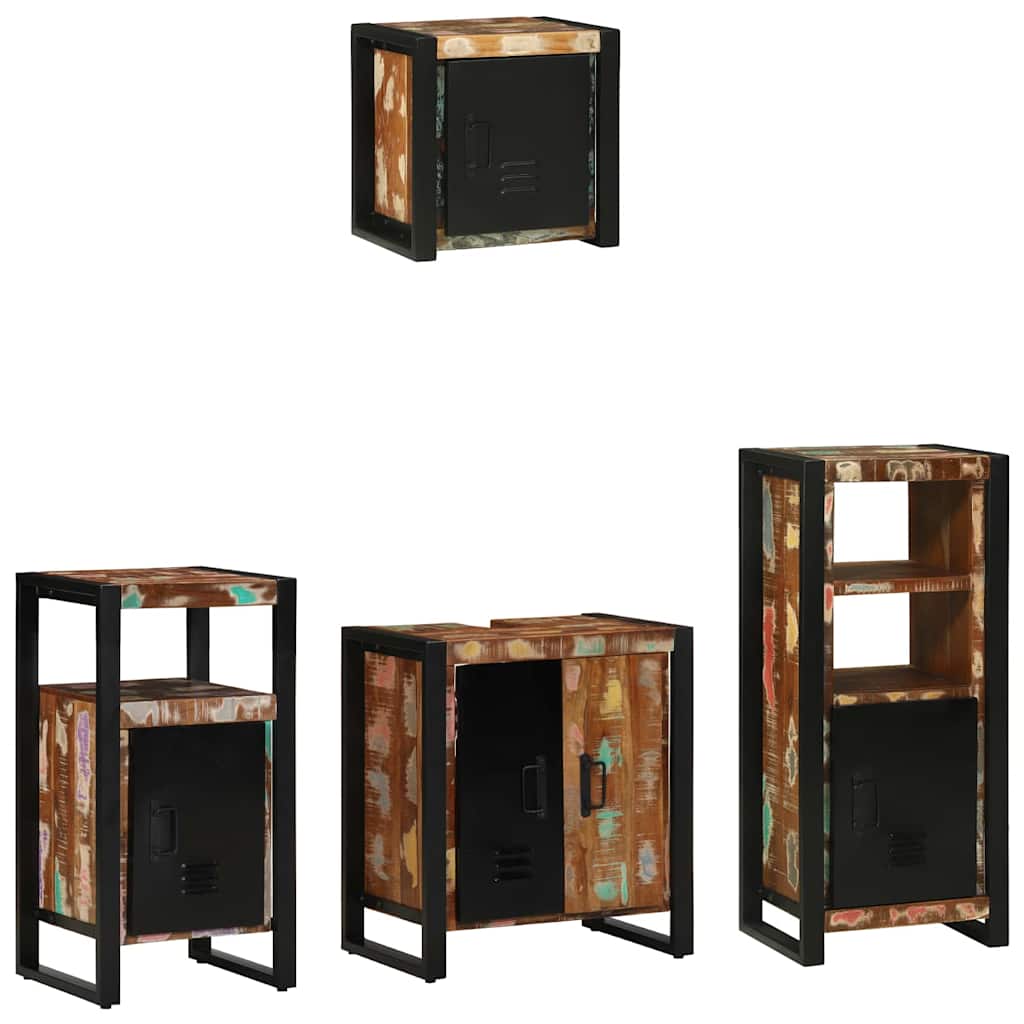Badeværelsesmøbelsæt i mønstret/sort - solidt genbrugstræ, 4 dele