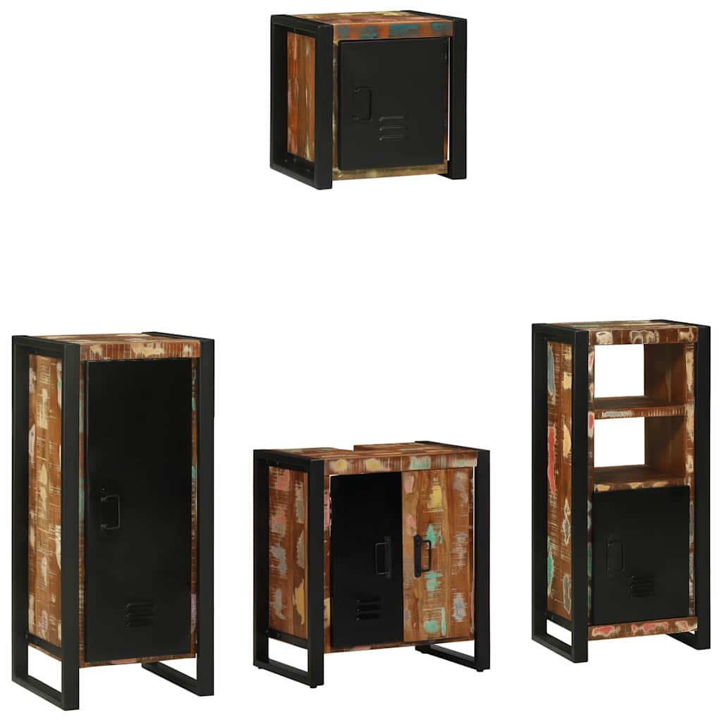 Badeværelsesmøbelsæt i mønstret/sort - 4 dele i massivt genbrugstræ