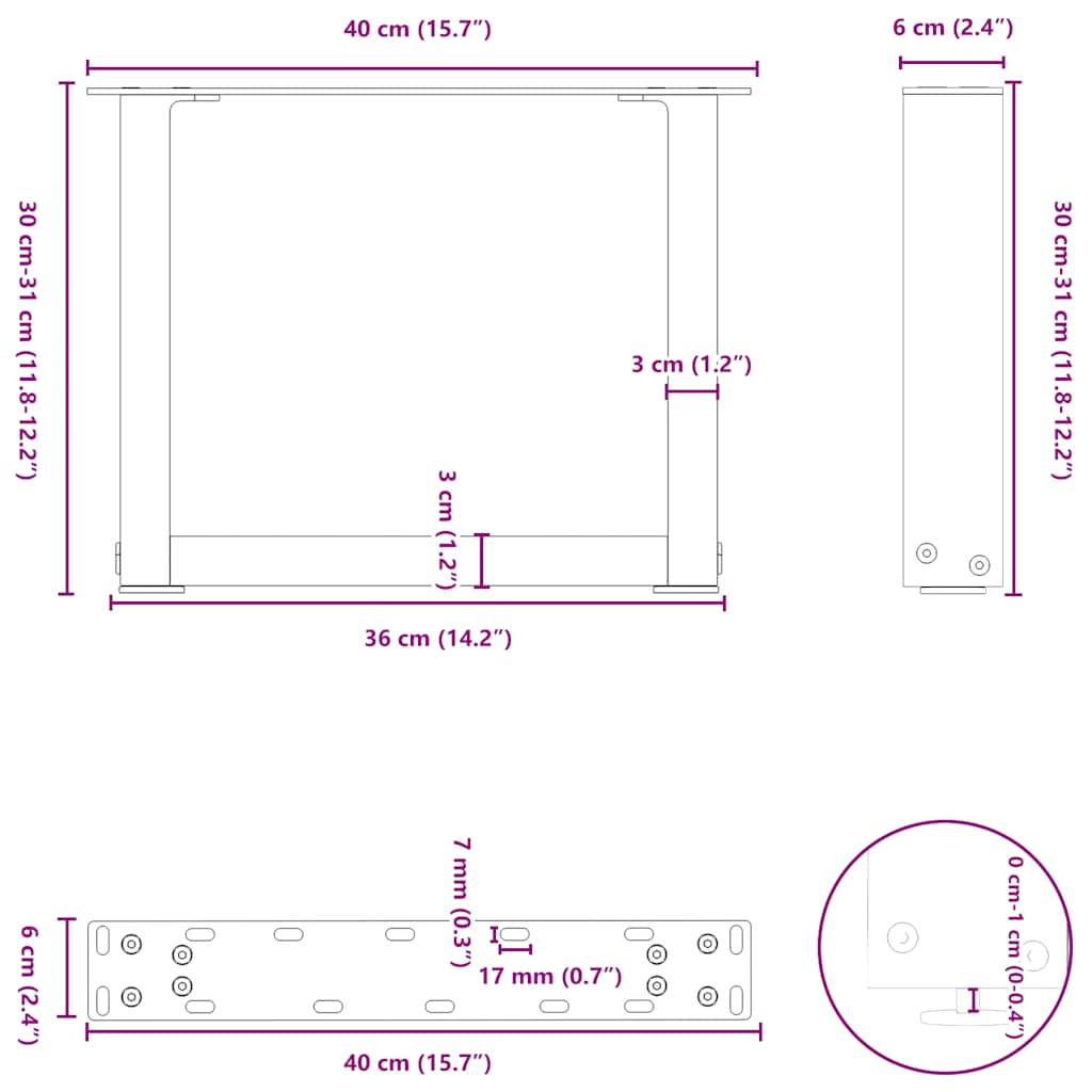 sofabordsben U-formet 2 stk. sort 40x(30-31) cm stål