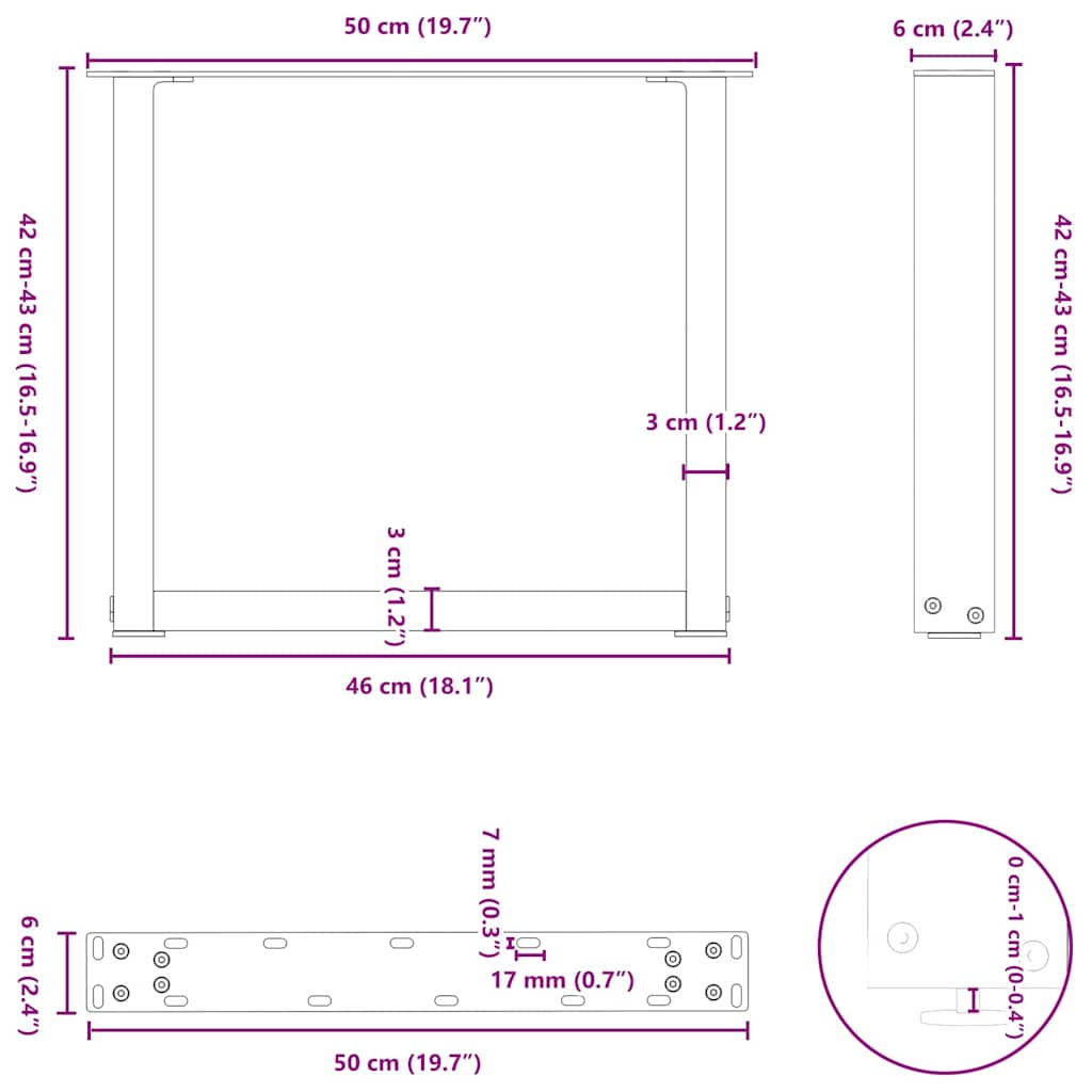 sofabordsben U-formet 2 stk. sort 50x(42-43) cm stål