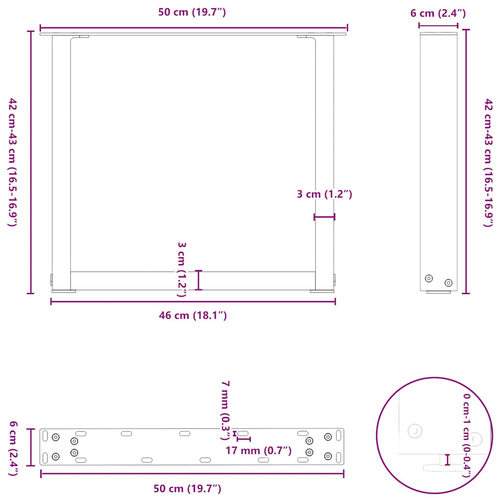 sofabordsben U-formet 2 stk. antracit 50x(42-43) cm stål
