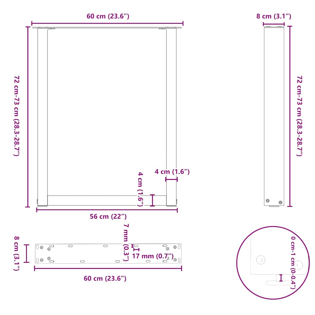 spisebordsben U-formet 2 stk. naturstål 60 x (72-73) cm stål