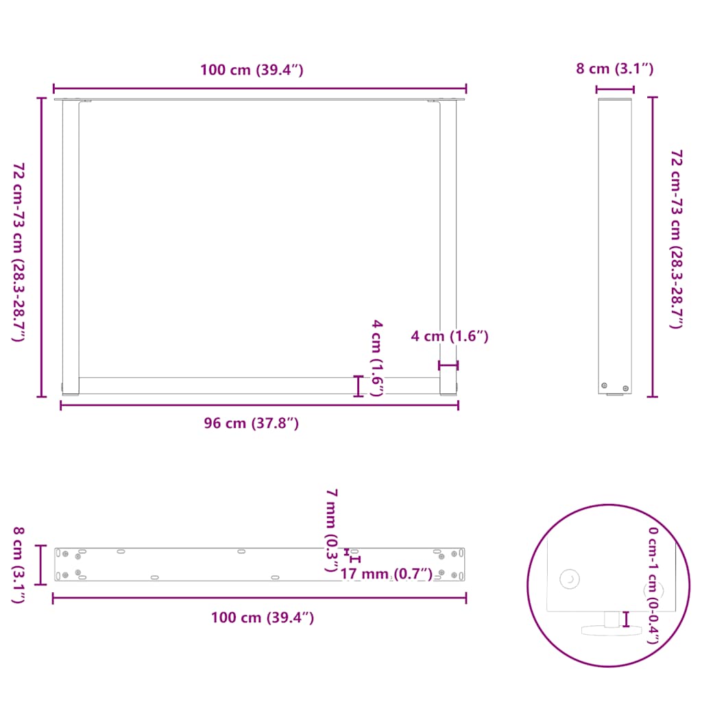spisebordsben U-formet 3 Stk. sort 100x(72-73) cm stål
