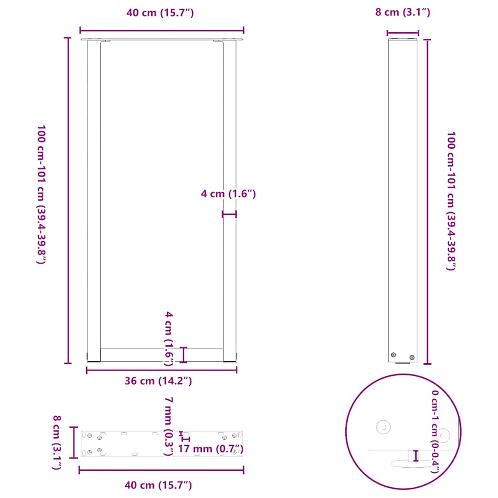 barbordsben U-formet 2 stk. naturstål 40x(100-101) cm stål