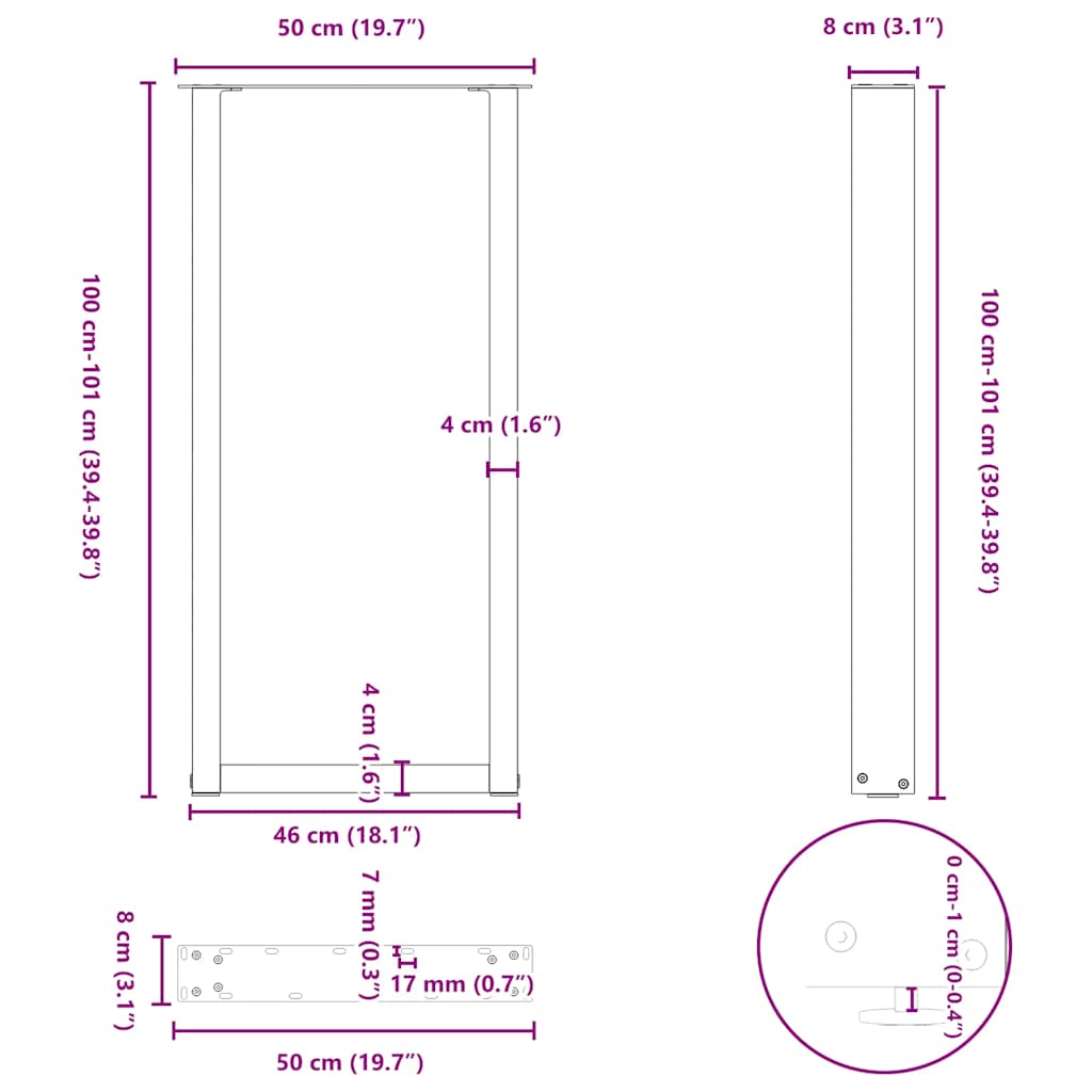 barbordsben U-formet 2 stk. naturstål 50x(100-101) cm stål