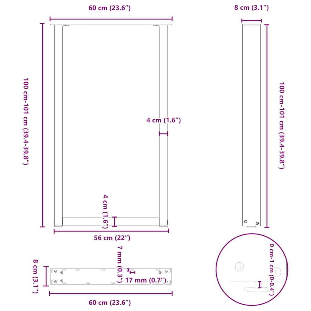 barbordsben U-formet 2 stk. antracit 60x(100-101) cm stål