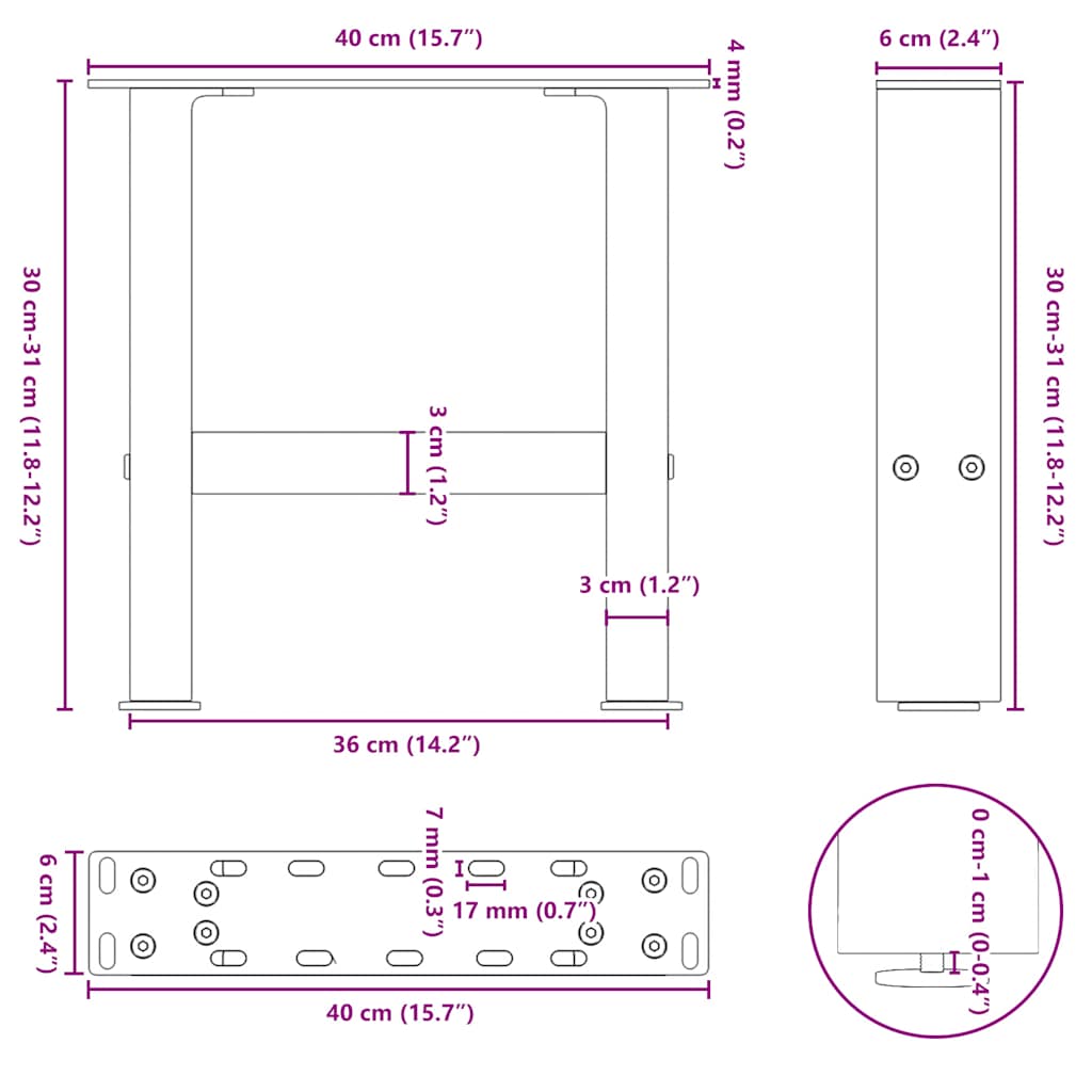 sofabordsben hvide 2 stk. 40x(30-31) cm stål