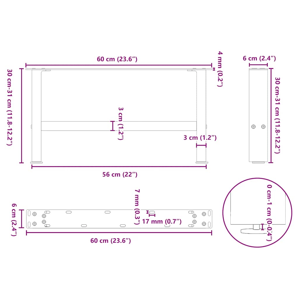 sofabordsben naturstål 2 stk. 60x(30-31) cm stål