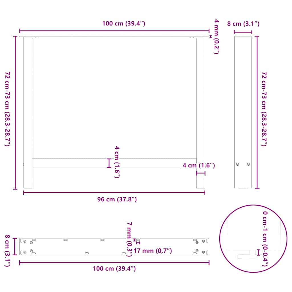spisebordsben naturstål 2 stk. 100x(72-73) cm stål