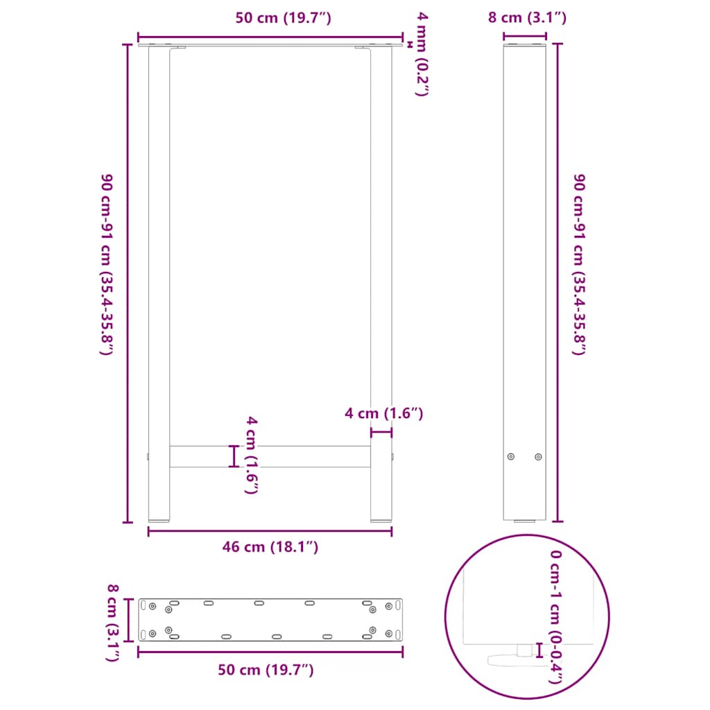 barbordsben naturstål 2 stk. 50x(90-91) cm stål