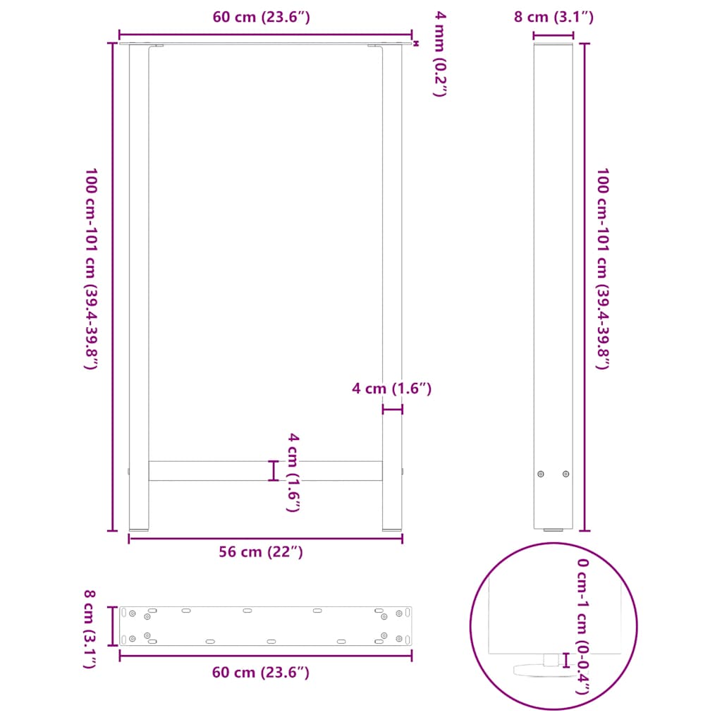 barbordsben naturstål 2 stk. 60x(100-101) cm stål
