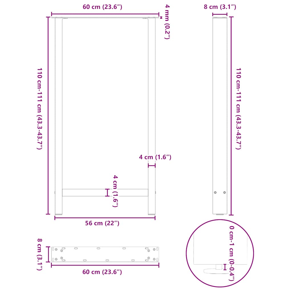barbordsben hvide 2 stk. 60x(110-111) cm stål