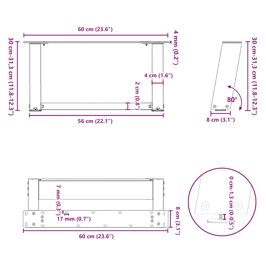 sofabordsben U-formet 2 stk. sort 60 x (30-31) cm stål