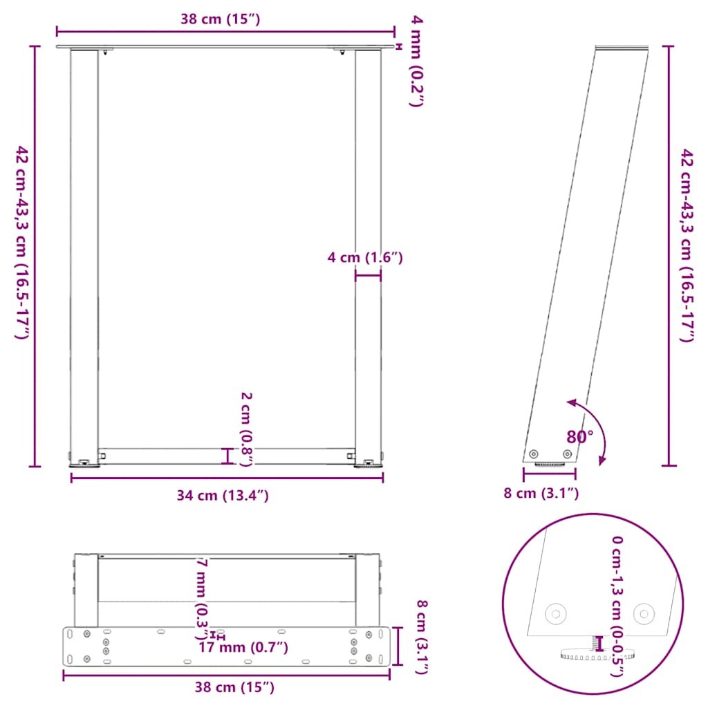 sofabordsben U-formet 2 stk. sort 38 x (42-43) cm stål
