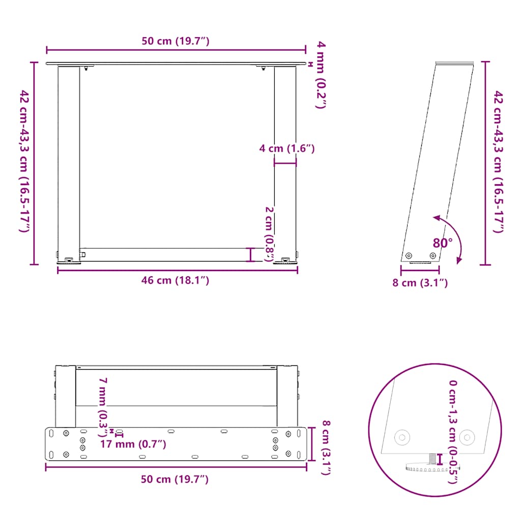 sofabordsben U-formet 2 stk. antracit 50x(42-43) cm stål