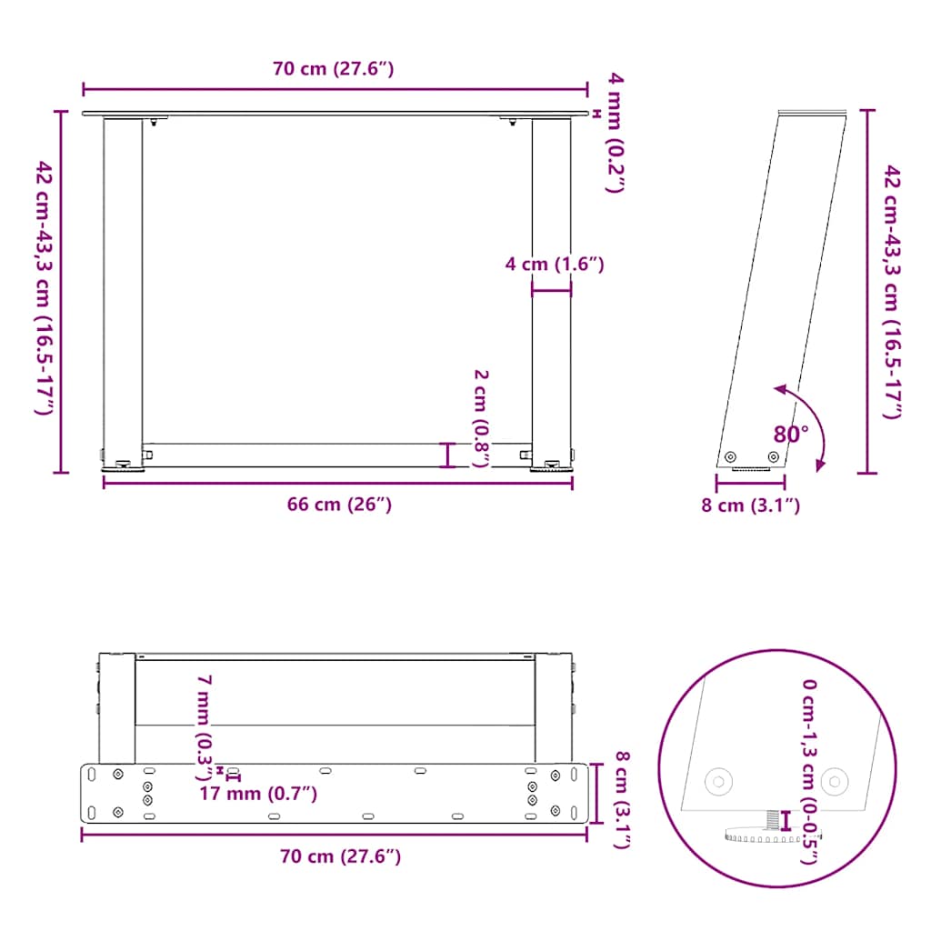 sofabordsben U-formet 2 stk. sort 70 x (42-43) cm stål