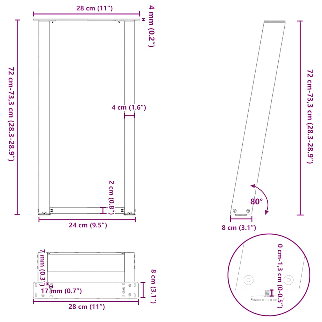 konsolbordben U-formet 2 stk. sort 28 x (72-73) cm stål