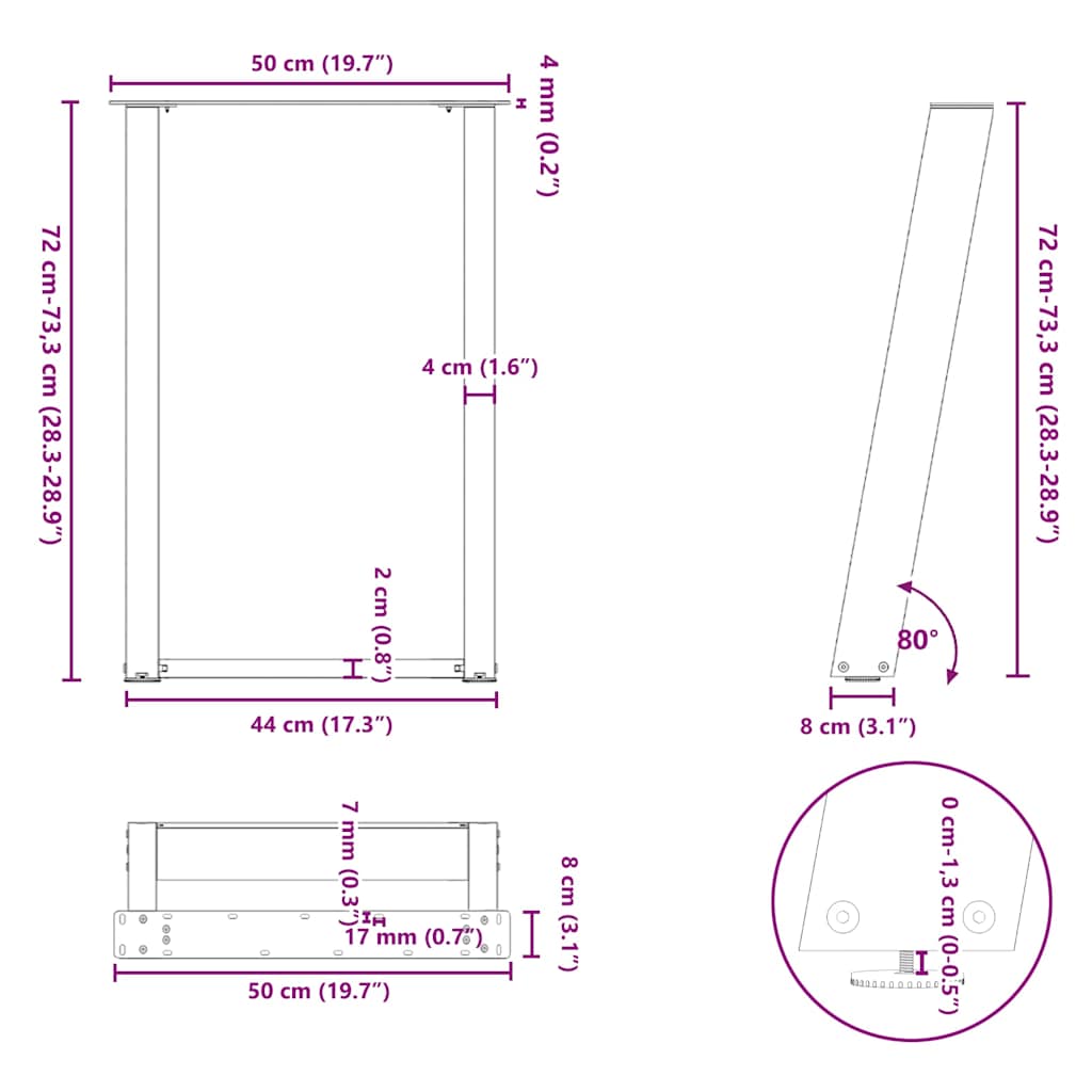 spisebordsben U-formet 2 stk. antracit 50x(72-73) cm stål