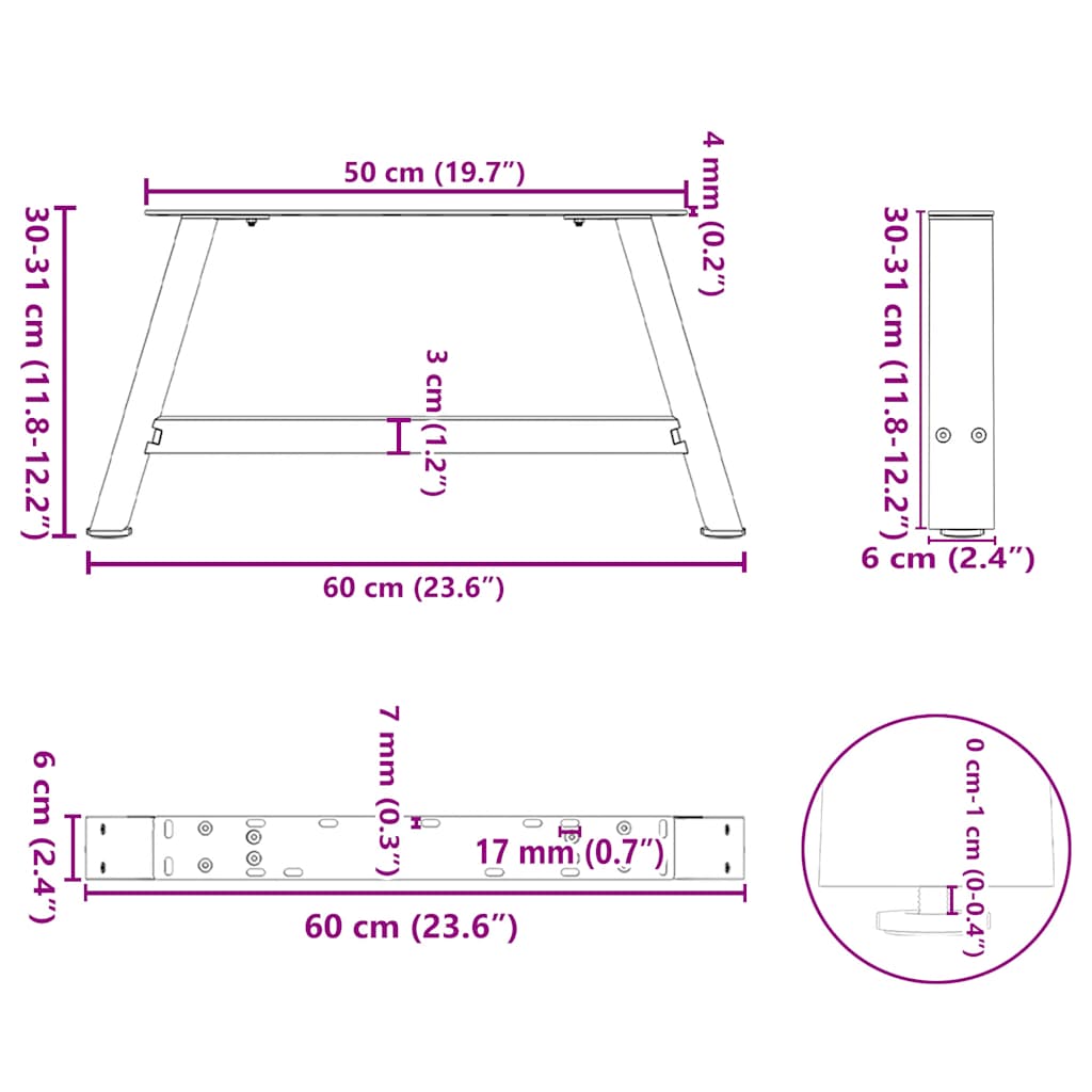 sofabordsben A-formet 2 stk. sort 60 x (30-31) cm stål