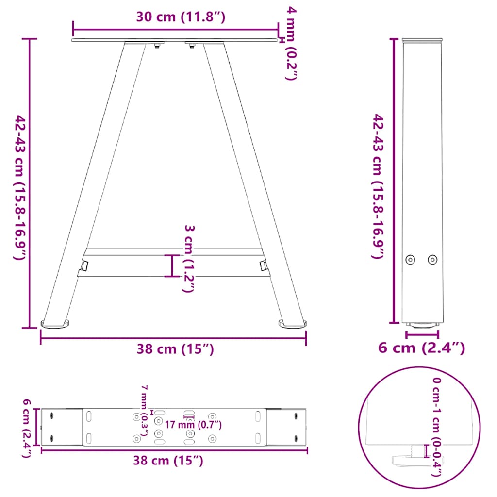 sofabordsben A-formet 2 stk. sort 38 x (42-43) cm stål
