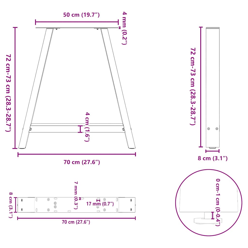spisebordsben A-formet 2 stk. hvid 70 x (72-73) cm stål