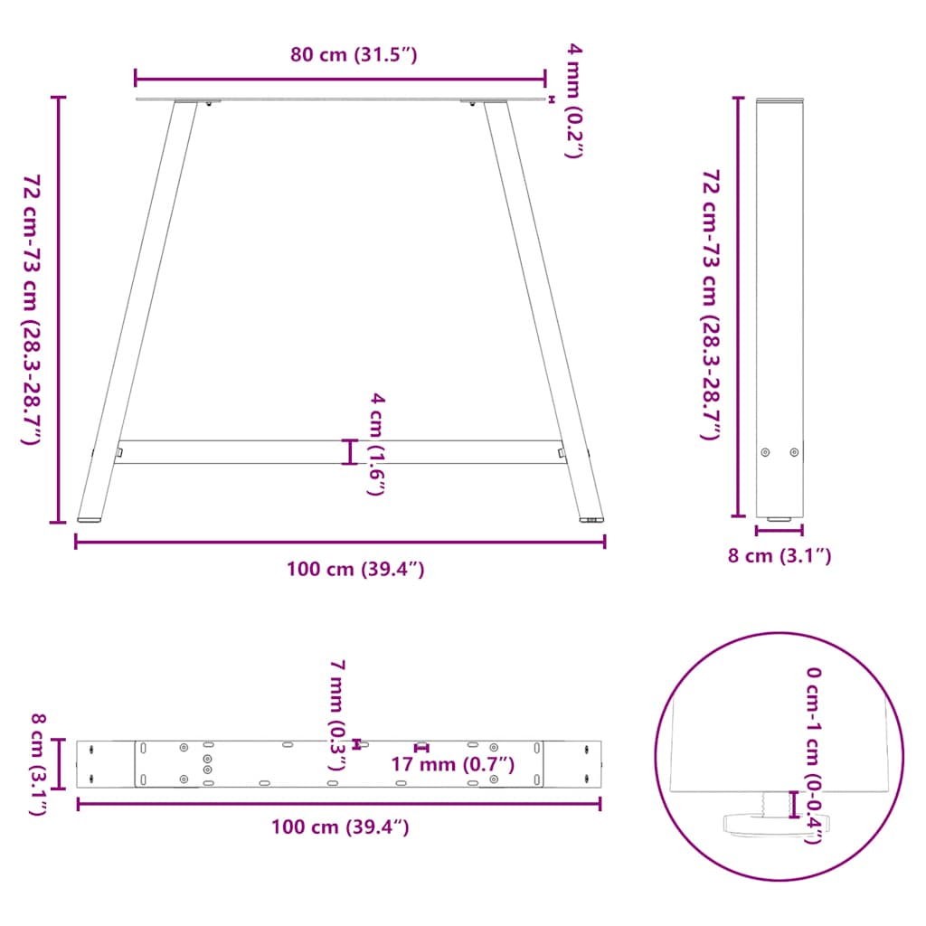 spisebordsben A-formet 2 stk. sort 100x(72-73) cm stål