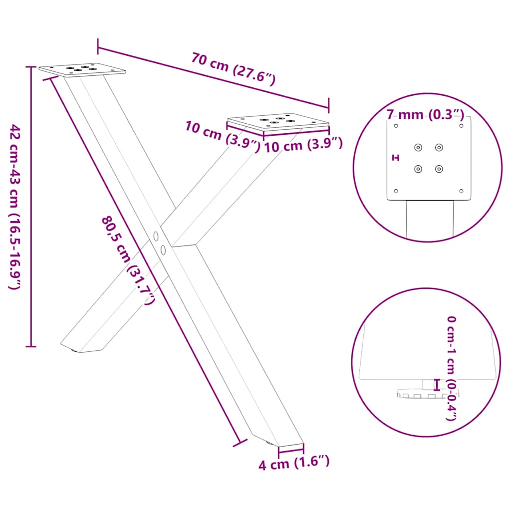 sofabordsben X-formet 2 stk. antracit 70 x (42-43) cm stål