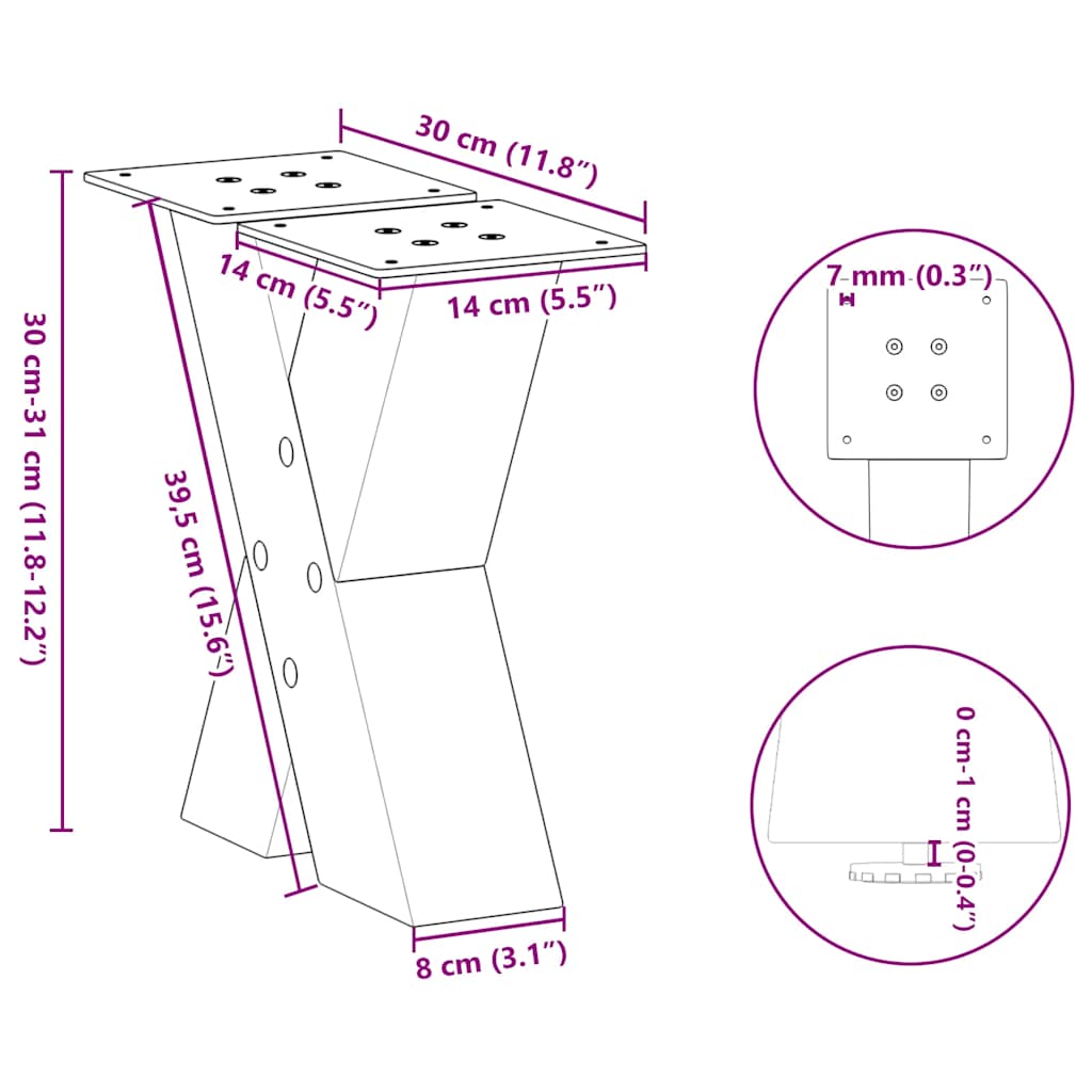 sofabordsben X-formet 2 stk. antracit 30x(30-31) cm stål