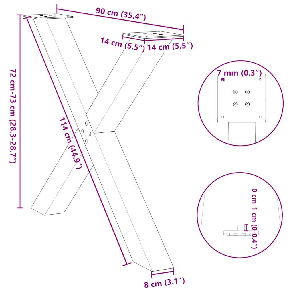 spisebordsben X-formet 2 stk. antracit 90 x (72-73) cm stål