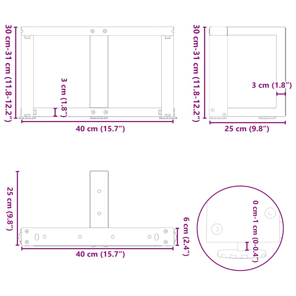sofabordsben T-formet 2 stk. sort 40x25x(30-31) cm stål