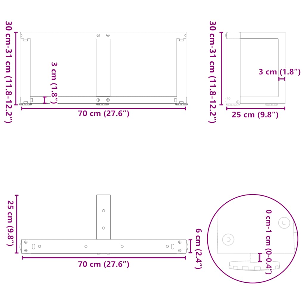 sofabordsben T-formet 2 stk. antracit 70x25x(30-31) cm stål