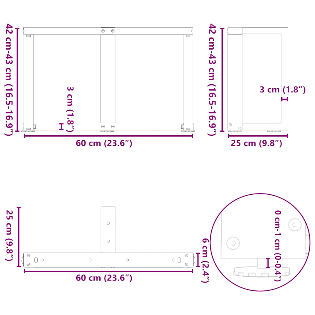 sofabordsben T-formet 2 stk. hvid 60x25x(42-43) cm stål