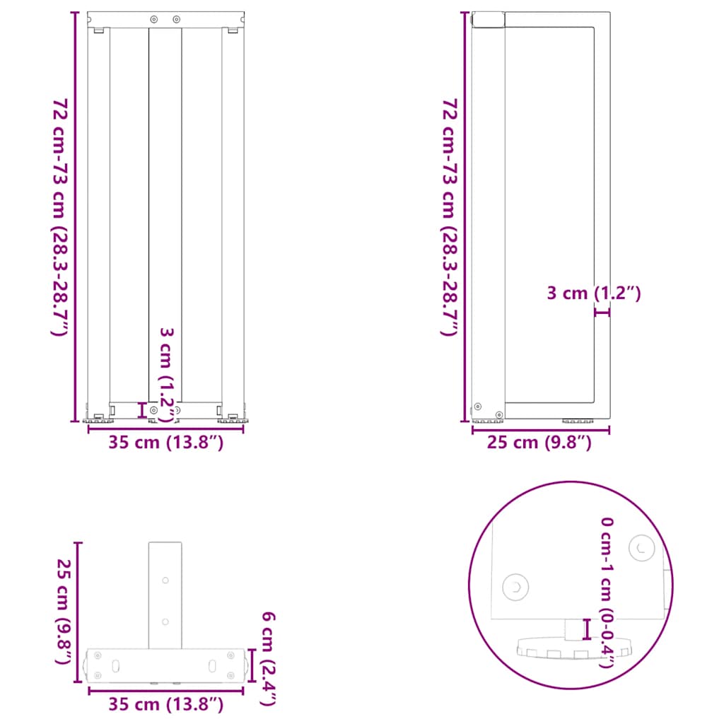 konsolbordben T-formet 2 stk. sort 38x25x(72-73) cm stål