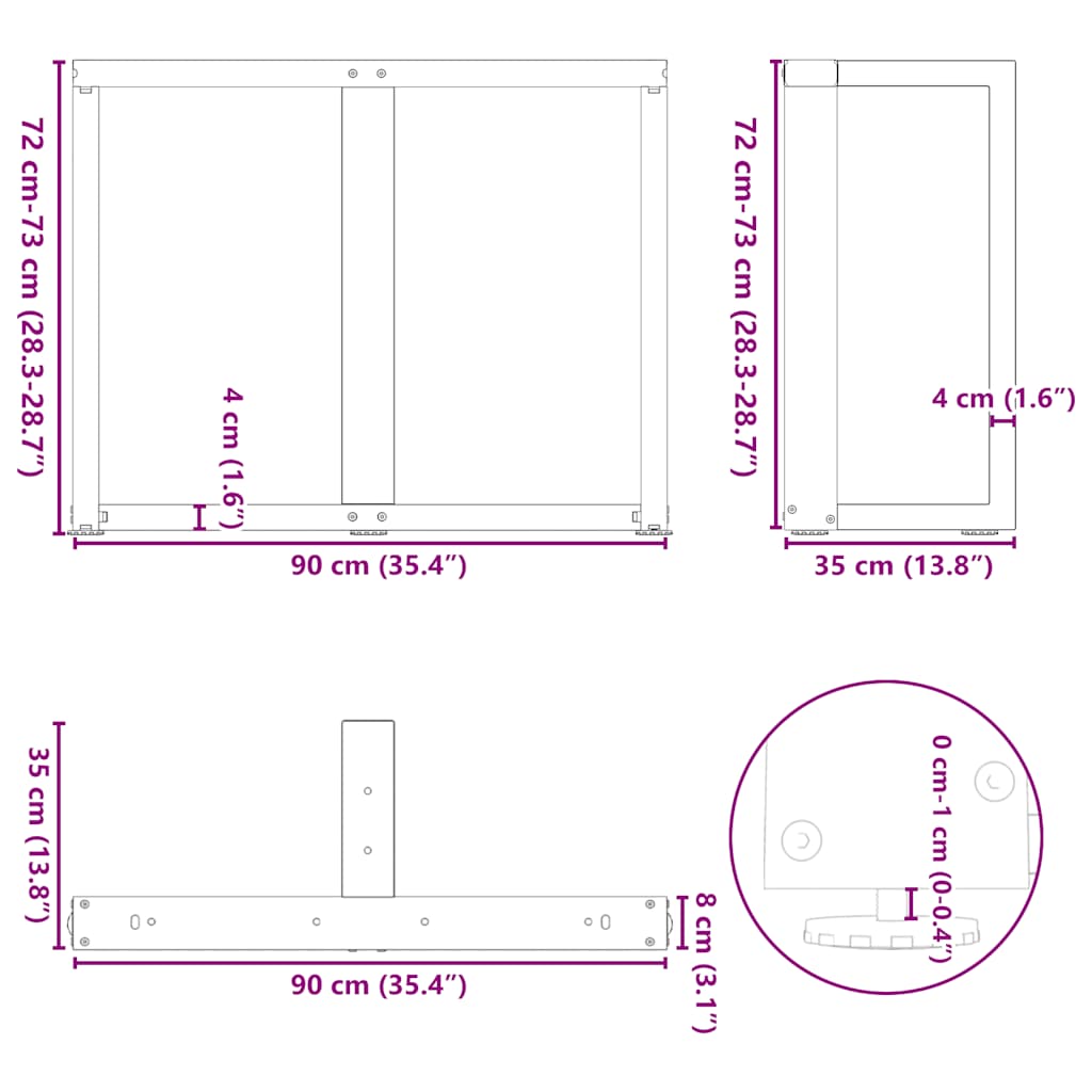 spisebordsben T-formet 2 stk. antracit 90x35x(72-73) cm stål
