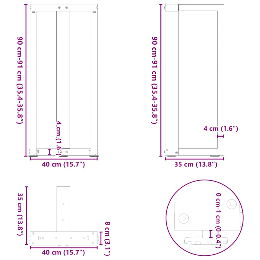 barbordsben T-formet 2 stk. hvid 40x35x(90-91) cm stål