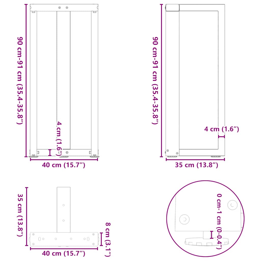 barbordsben T-formet 2 stk. sort 40x35x(90-91) cm stål
